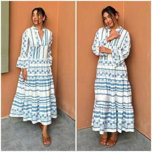 Bohemian Bell Sleeve Maxi Dress in Blue & White Geo Print